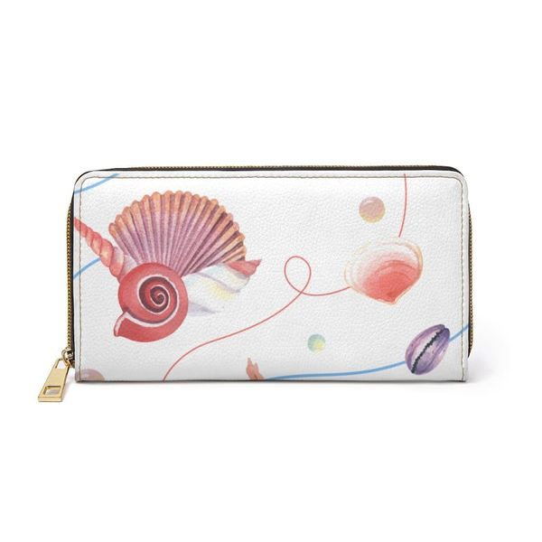 Womens Wallet, Zip Purse, White & Pink Seashell - One size