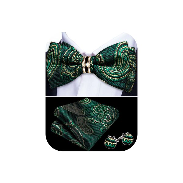 YOHOWA Green Gold Bow Tie and Pocket Square Set Pretied Bow Tie with Gold Diamond Ring