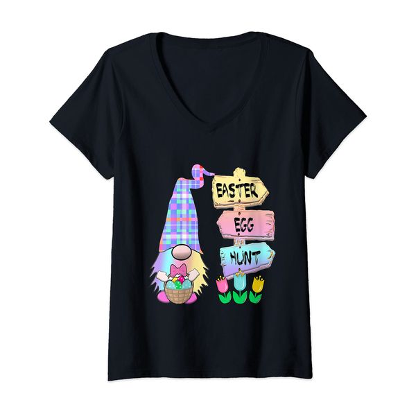 Womens Easter Gnome Egg Hunt Pastel Spring Gingham Plaid V-Neck T-Shirt