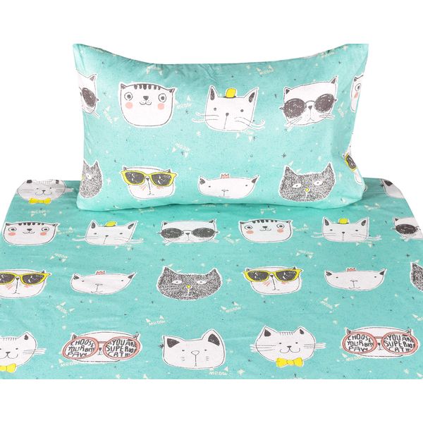 J-pinno Cats Kitty Cute Twin Sheet Set for Kids Girl Children,100% Cotton, Flat Sheet + Fitted Sheet + Pillowcase Bedding Set