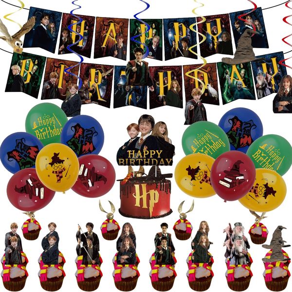 44Pcs Magical Wizard Harry Potter Birthday Party Decorations for Boy,Harry Potter Birthday Banner Balloons Cake Toppers Hanging Spiral for Kids Girls Boys Harry Potter Theme Birthday Party Supplies