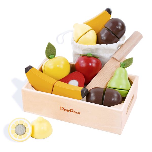 PairPear Wooden Play Food Cutting Fruit Set - Wooden Toys for Toddlers Toy Food Play Kitchen Accessories