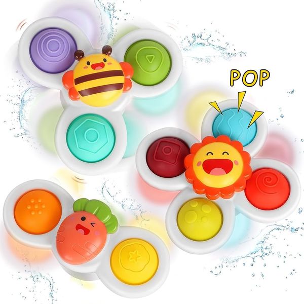 ERMON Suction Cup Spinner Toys, Pack of 3 Spinners for Babies, Baby Spinner Toys with Suction Cup, Silicone Simple Dimple, Colourful Suction Spinner Toys, Spinning Tops (Spinners Pop (3 Pcs))