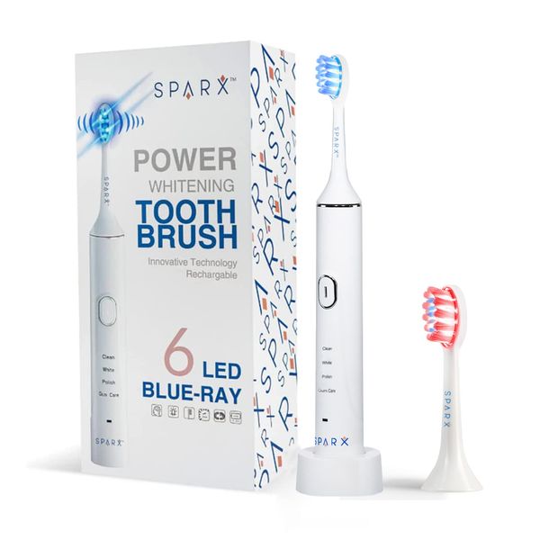 SPARX Electric Toothbrush for Teeth Whitening, Gum Care, & Polishing, Light Therapy Technology for Whiter Teeth & Healthy Gums, Rechargeable [White]