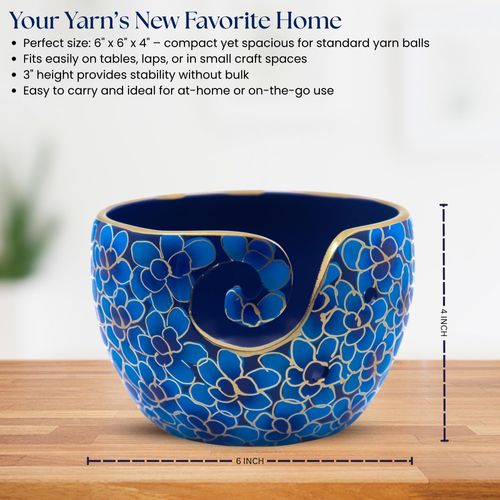 Hind Handicrafts Premium Solid Crafted Floral Metallic Finish Aluminium Portable Yarn Bowl Holder for Knitting Crochet Christmas Gift Set (6" x 6" x 4", Blue)
