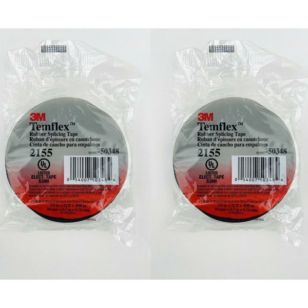2 Rolls 3M Temflex Rubber Splicing Tape # 2155 Max 600V (3/4" x 0.03" x 22 ft)