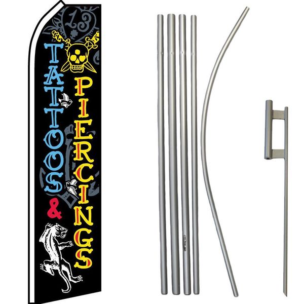 Tattoos & Piercings Black Swooper Flag & 16ft Flagpole Kit/Ground Spike
