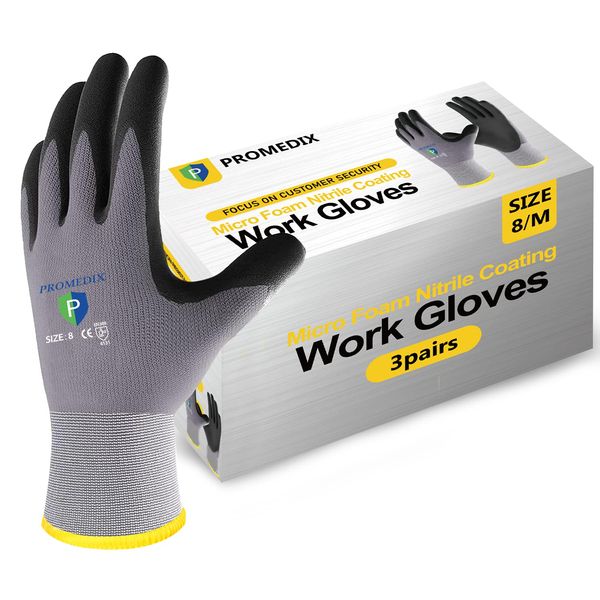 PROMEDIX P Work Gloves MicroFoam Nitrile Coated,Safety Work Gloves Men 3/12/36-pairs,EN388-4131,Nylon&Spandex Work Gloves