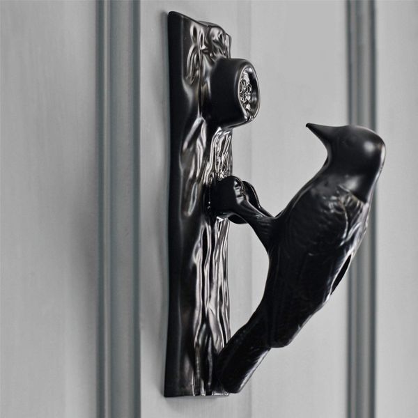 Brass Woodpecker Door Knocker in Black