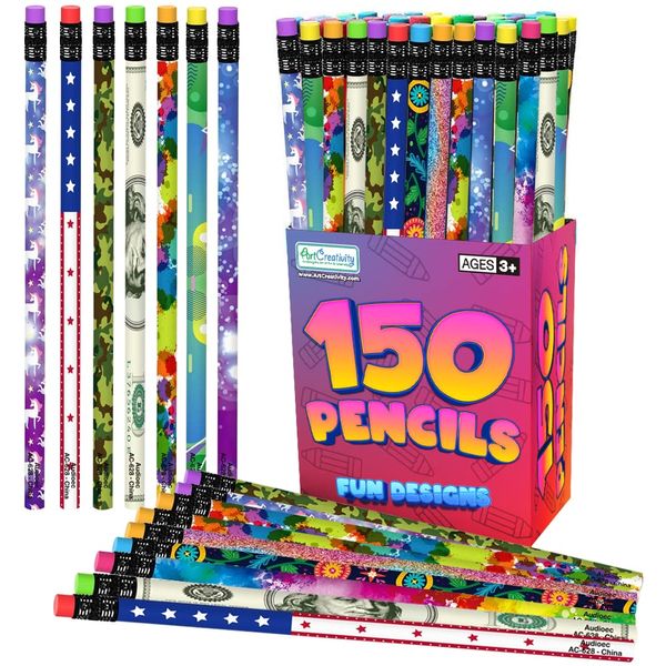 ArtCreativity 150 PC Pencil Assortment for Kids, Fun Assorted Number 2 Pencils, Bulk Wooden Writing Pencils with Erasers, Teacher Supplies for Classroom, Student Reward, Stationery Party Favors