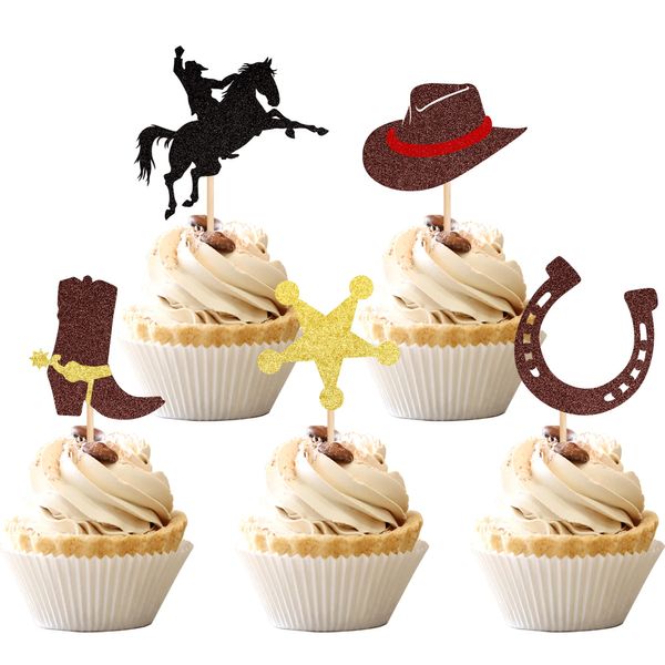 30 PCS Cowboy Cupcake Toppers Glitter HorseShoe Cowboy Hats Boots Cupcake Picks Western Theme Baby Shower Birthday Party Cake Decorations Supplies