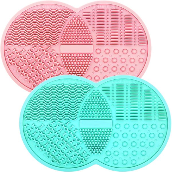 Makeup Brush Cleaning Mat, Silicone Makeup Brush Scrubber, Makeup Brush Cleaner Pad, Cosmetic Brush Cleaner, Brush Cleaning Pad, Suitable for Makeup Brush, Makeup Sponge, Powder Puff (Pink&Green)