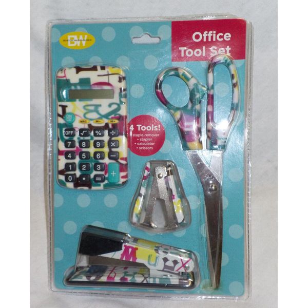 Boston Warehouse 4 Pc Office Tool Set NIP Multicolor Geometric Scissors Etc.