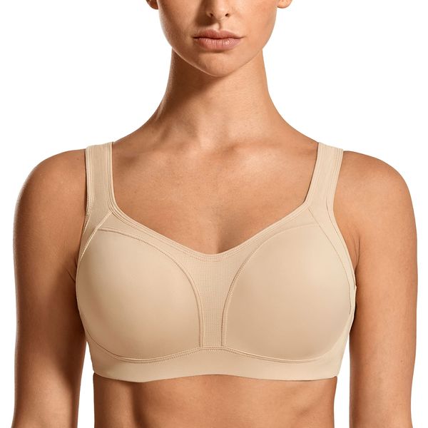 SYROKAN Women's High Impact Underwire Sports Bra High Support Large Bust Padded Adjustable Straps Running Bra Beige 34DD