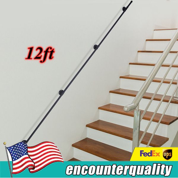 12FT Indoor Staircase Handrail Industrial Loft Pipe Staircase Railing Black Iron