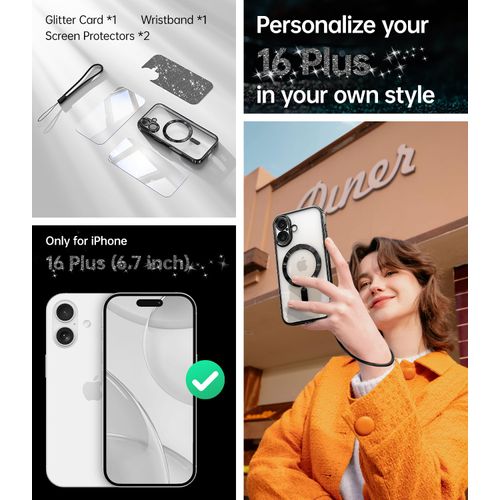 Meifigno Candy Series Case for iPhone 16 Plus 6.7’’, [2X Screen Protectors] [Glitter Card & Wrist Strap] [MagSafe Compatible] Full Camera Protection for iPhone 16 Plus Case, Black Titanium
