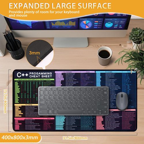 C++ Mouse Pad, XL Large Mousepad for C++ Cheat Sheet, Extended Gaming Pad for Mouse and Keyboard, High Definition Printing, Stitching,Washable, Anti Slip Desh Mat