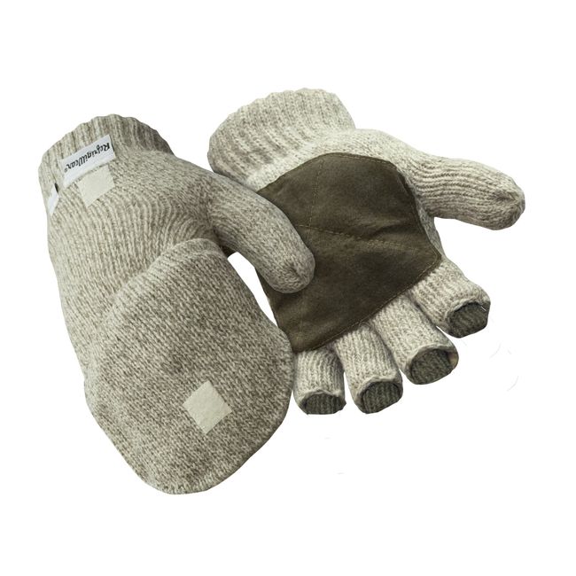 RefrigiWear Thinsulate Insulated Ragg Wool Convertible Mitten Fingerless Gloves with Suede Palm (Brown, Large)