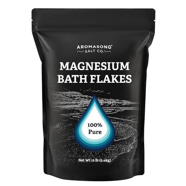 Aromasong Bath Salt Dead Sea Magnesium Flake, 12 lbs (5.4 kg) Resealable Black White Headache, Stress and