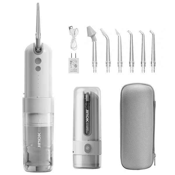 Water Picks for Teeth Cleaning Cordless - Jimok Portable waterpik, 4modes with DIY, 6jet Tips, Removable Water Tank for Easy Cleaning, Extra Wall Adapter & Portable Case for Home Travel, Gray