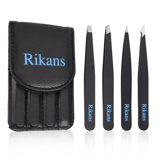 Rikans Precision Tweezers Set – Pack of 4 Black Professional Tweezers – Handy Carry Pouch – Superior Stainless Steel Tweezer Set – Splinters, Eyebrows, Facial or Ingrown Hair – Blackheads Remover