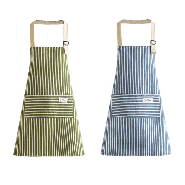 EUPSIIU 2 Pcs Stripe Bib Apron, Chefs Apron, Woman Apron with Pockets, Adjustable Apron (Green, Blue)