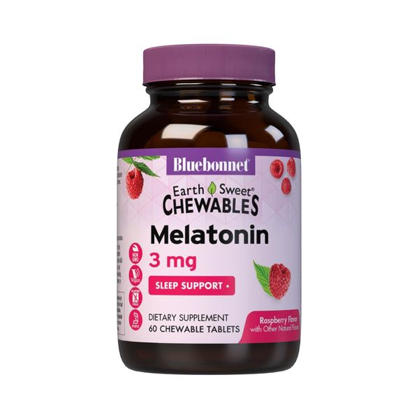 Bluebonnet Nutrition EarthSweet Melatonin 3 mg Fast-Acting Quick Dissolve Nighttime Relaxation & Restful Sleep Support - Sleep Aid - Gluten-Free, Vegan - Raspberry Flavor - 60 Chewable Tablets