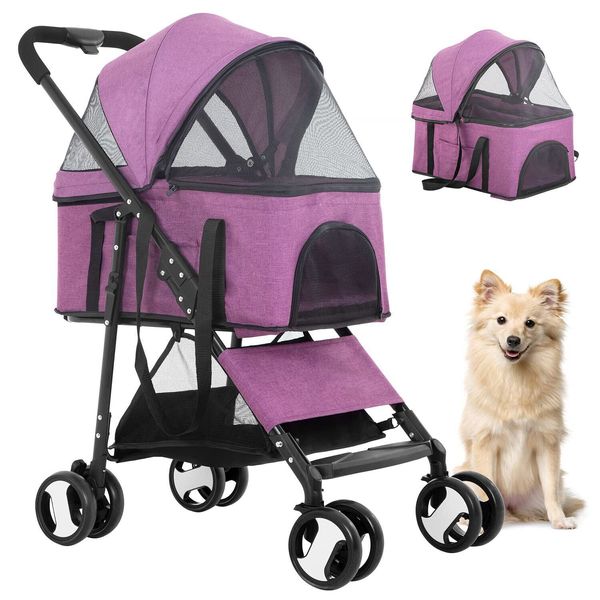 Pet Stroller 3-in-1 Multifunction Folding Dog Cat Jogger Travel Stroller Purple