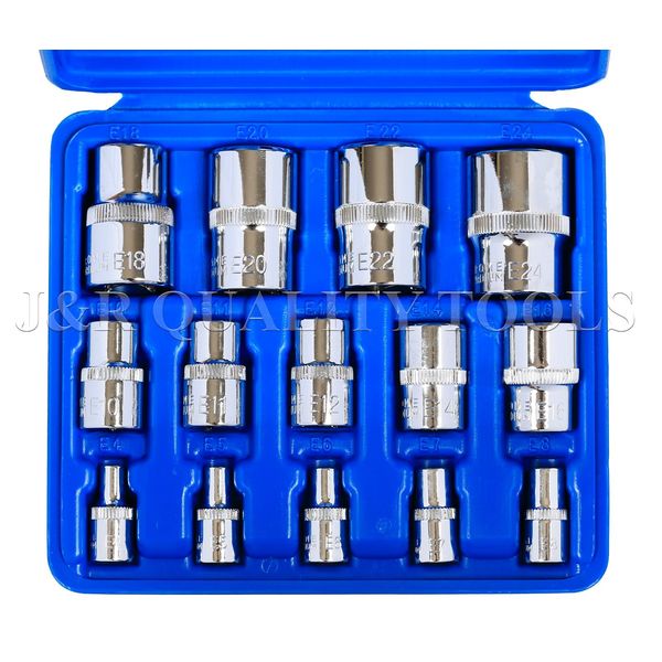 14pc Torx Torq Torque Star Female E-Socket Set Bit 1/4"+3/8"+1/2" Dr. w/Case