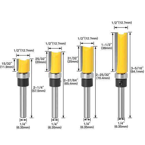 4Pcs Flush Trim Pattern Router Bit Set 1/4 Inch Shank Straight Flush Trim Tools Woodworking Template Router Cutter with Bearing