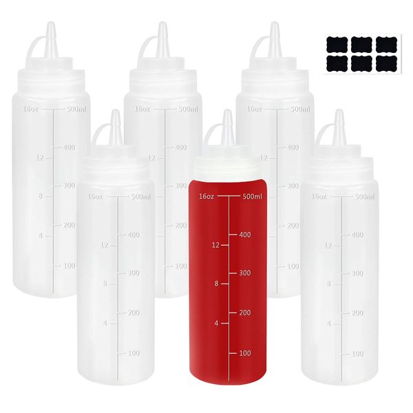 Yishik 500ml 6 Pack Squeeze Condiment Bottles with Lids,16oz BPA Free Plastic Squeeze Sauce Bottles Needle-Nosed Squirt Bottles for Cookie Decorating,Sauces,Ketchup,Salad,DIY Crafts