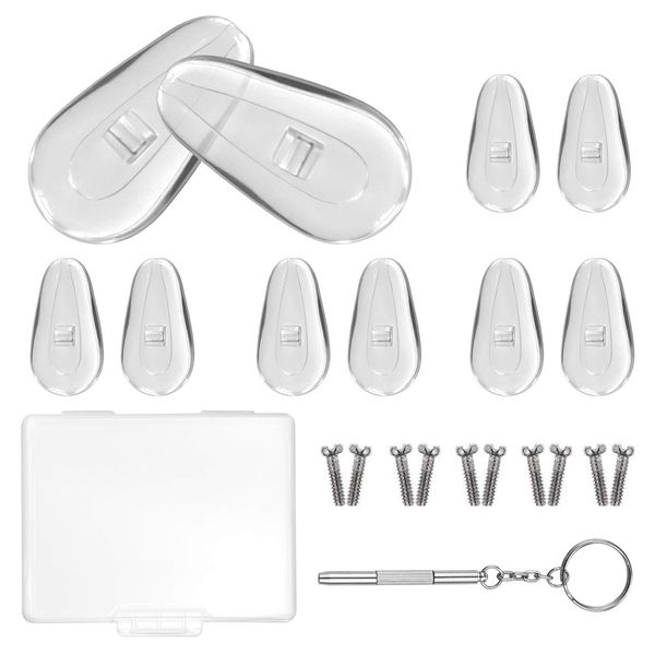 YR 15mm Soft Silicone Air Chamber Eyeglass Nose Pads, Eyeglass Repair Kit, Glasses Screws and Micro Screwdriver, 5 Pairs of Screw-in 15mm Air Bag Glasses Nose Pad Set