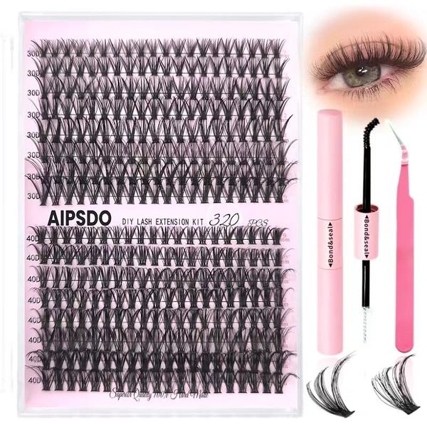 Aipsdo Cluster Lashes Kit 320PCS Individual Eyelashes Lash Clusters Eyelash Extension Set Eyelash Curler Eyelash Extension Set 3040D (Set 30D/40D-9-16Mix)