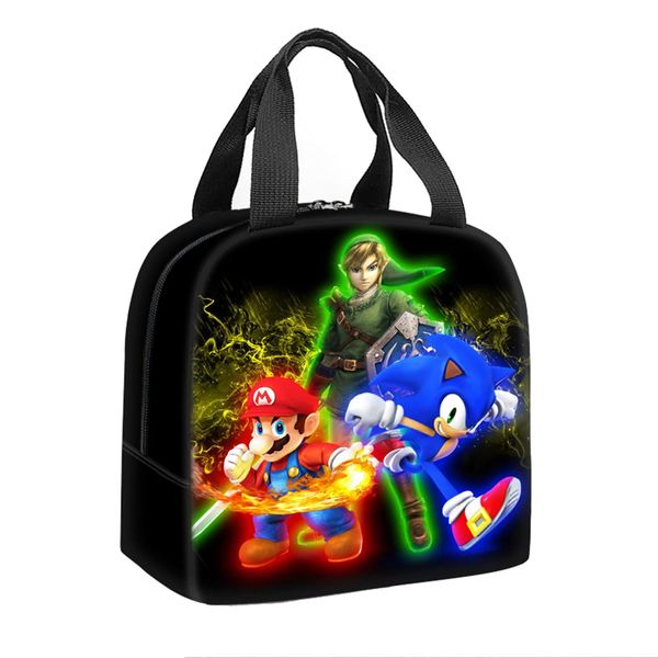 Bonamana Sonic Lunch Bag for Kids 3D Printed Anime Digital Pattern Insulated Bag Food Container Thermal Lunch Children's Tote Bags Leak-Proof Cooler Bag (Zelda, Mario, Sonic)