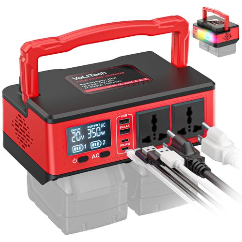 350W Power Inverter for Milwaukee: Portable Battery Adapter Power Generator DC 18V to AC 110V Camping Essentials with 2 USB-A & 2 Type-C & 2 AC Outlet & 7 Colors RGB & 4 LED Light (No Battery)
