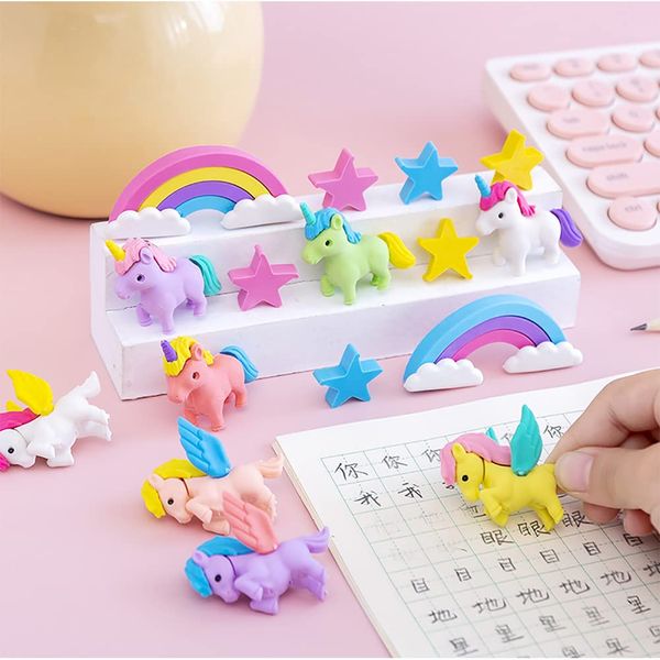 16 Pcs Rainbow Unicorn Erasers, Cute Funny Novelty Flying Horse Pencil Eraser Kids Gift Toy for Party Supplies Favors Classroom Rewards