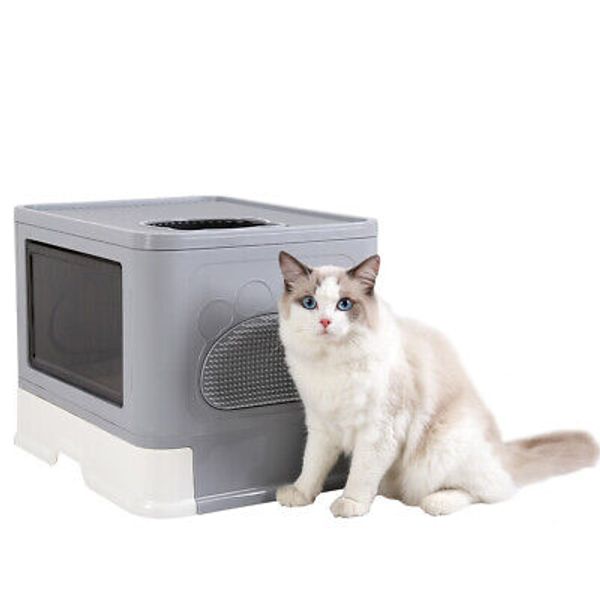 Extra Large Foldable Cat Litter Box with Lid Covered Scoop Massager Detachable