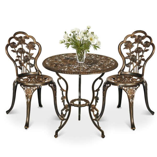 Sundale Outdoor Bistro Set of 3, Patio Conversation Set with Umbrella Hole for Balcony Cast Aluminum All Weather Resistant Antique Finish Patio Porch Yard Bronze Rose