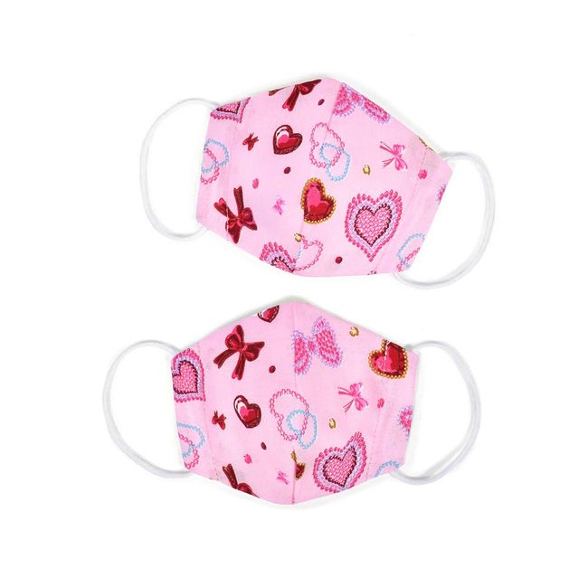 N5326662 Children's Mask, Girls, Antibacterial, Fabric, Elementary School Students, Pollen, Set of 2, Sparkling Beauty with Hearts and Ribbons (Scare Fabric, Pink), Colorful Candy Style