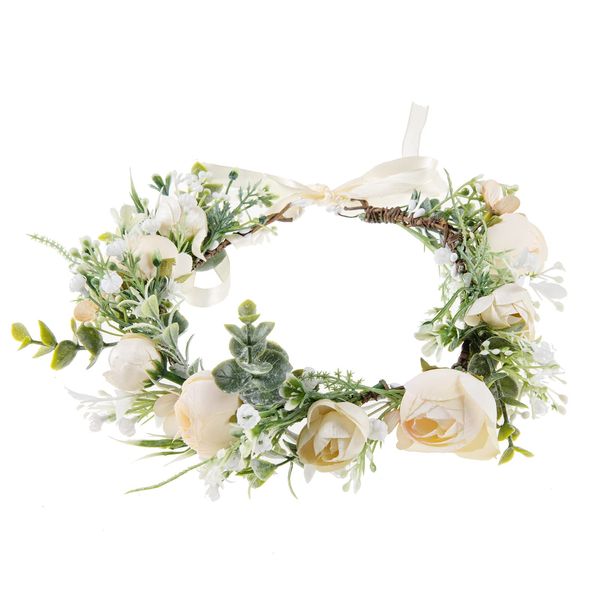 DreamLily Girls Camellias Flower Crown Birthday Photo Pops Hair Wreath Wedding Festival Floral Headpiece XM11 (A-Champagne)