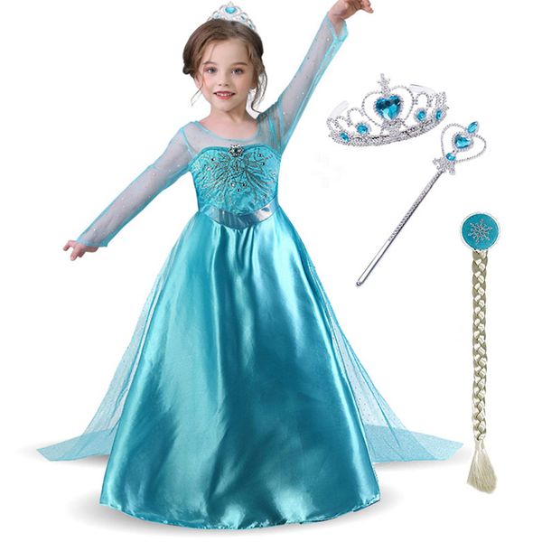 Snow Queen Girls Party Dress Costume with Accessories Princess Dress up Wig Crown and Wand,for Kids 3-8years (150cm/7-8Y, blue)