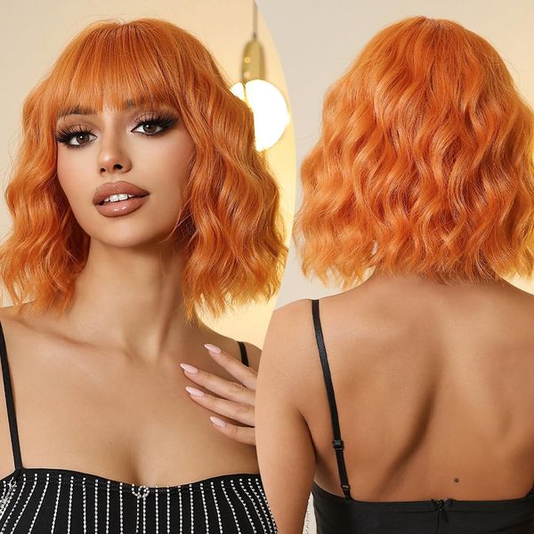 Allbell Orange Wigs for Women, Short Wavy Bob Wig,Bob Wig with Bangs,Synthetic Short Curly Wave Wigs, Costume Wig,Pastel Wig, Fiber Hair Wigs for Cosplay