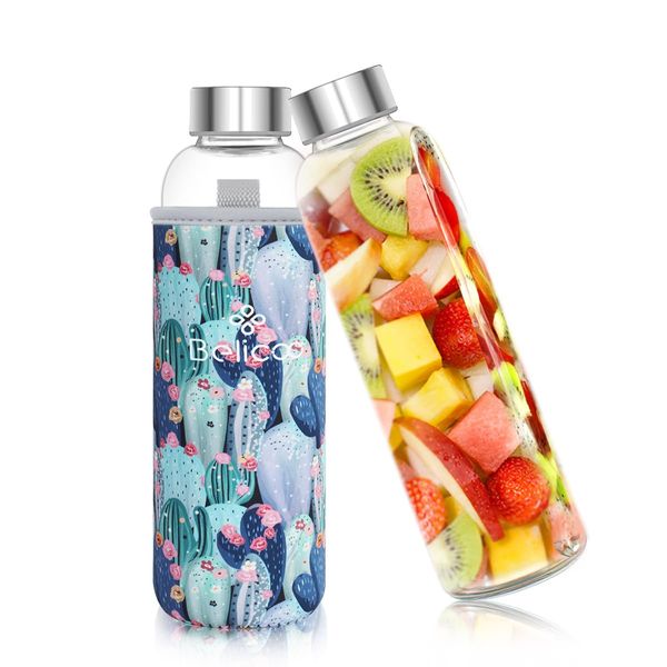 BELICOO BPA-Free Glass Water Bottle 550ml/18oz Borosilicate Leak Proof Portable for School Office Home Travel Sport with Neoprene Carrying Sleeve and Nylon Bottle Brush (Cactus)