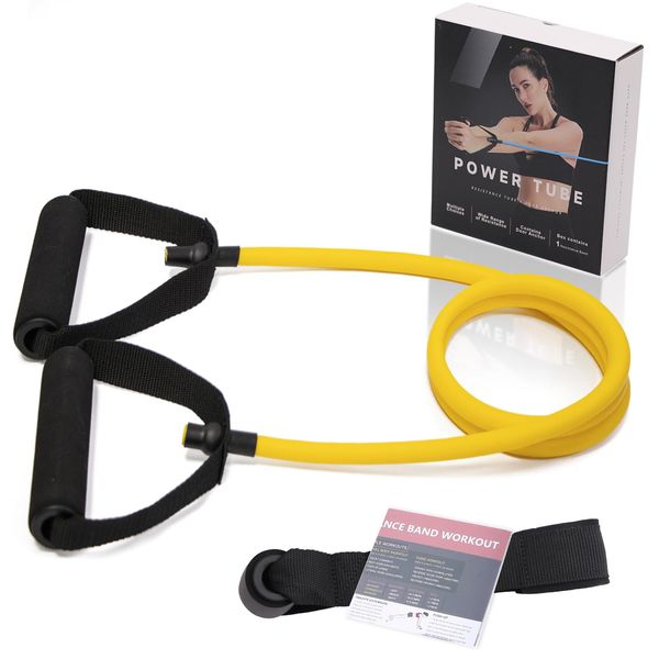 Single Resistance Bands with Handles for Working Out Women and Men, Exercise Bands with Door Anchor, Stretch Bands for Home Workouts, Simple Guide Included (Extra light-yellow-10 lbs)