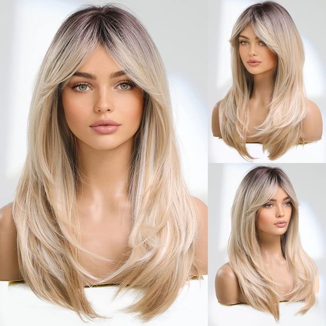 Long Blonde Wig with Bangs Layered Synthetic Hair Wig with Dark Roots for Women (22 Inch)