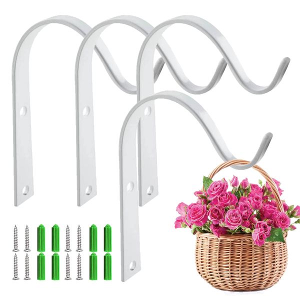 Hanging Basket Bracket, 4PCS Metal Hanging Basket Brackets Hooks Hanging Bracket Hooks for Garden Lawn Light Flower Pots Bird Feeders Plants Lanterns Wind Chimes White