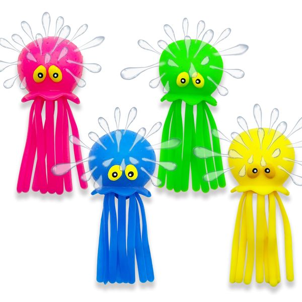 Set of 4 Octopus Baby Bath Toys Rubber Kids Squishy Sensory Stress Relief Pool Floating Toys for Kids, Cute Goodie Bag Fillers for Boys and Girls, Pink, Blue, Green and Yellow