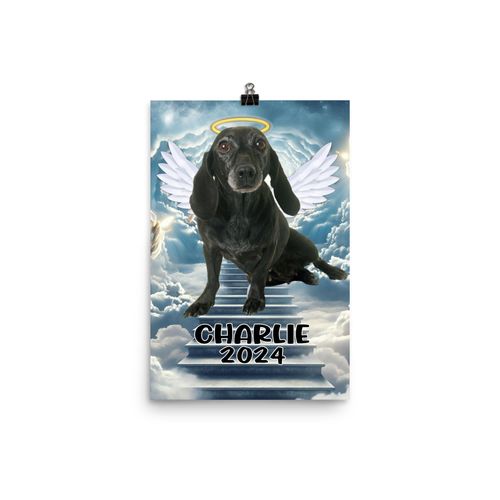 Custom Pet Memorial Angel Wings Heaven Black Dachshund Wall Art Poster 12x18 Inches Unframed - Personalized Name Year Print Decor Gifts for Wiener Dog Lovers