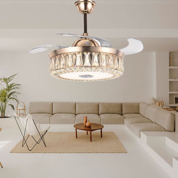 Gold 42"Ceiling Fan and Retractable Chandelier 7Colour Bluetooth Music Romote