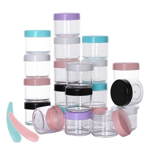 100 Pcs 20g Plastic Sample Cosmetic Containers with Lids and 10 Pcs Mini Makeup Spatula，Refillable Cosmetic Jars Lip Scrub Containers for Skincare - Multi Color